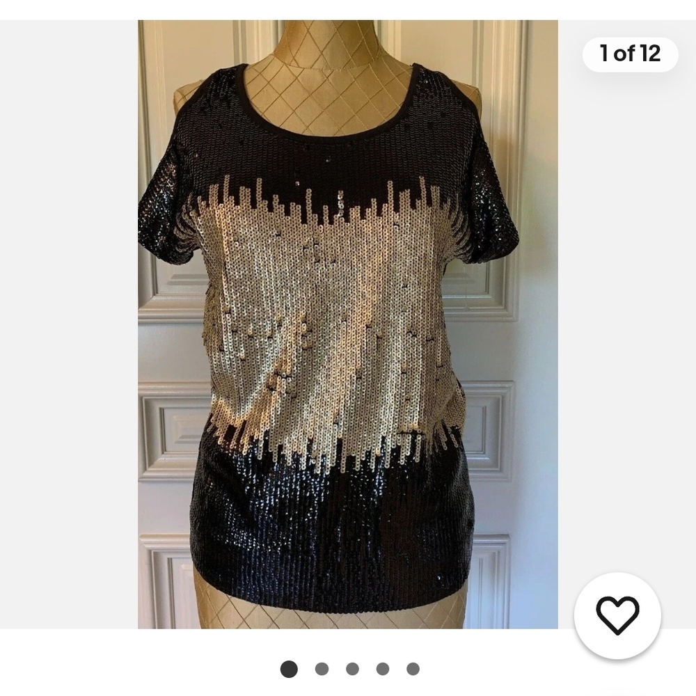 INC International Concepts Black and Gold Sequin Short Sleeve Scoop Neck Top